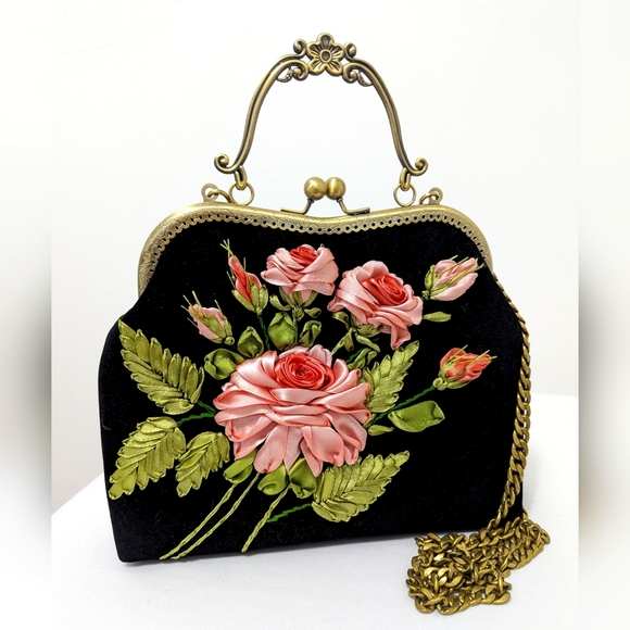 Rumoonhandmade Handbags - Medium Handcrafted Velvet Embroidered Floral Clutch